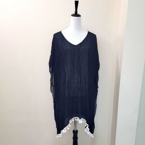 Moss Rose Black Playful Loose Swim Cover Trim Kaftan Chiffon Tassels O/S